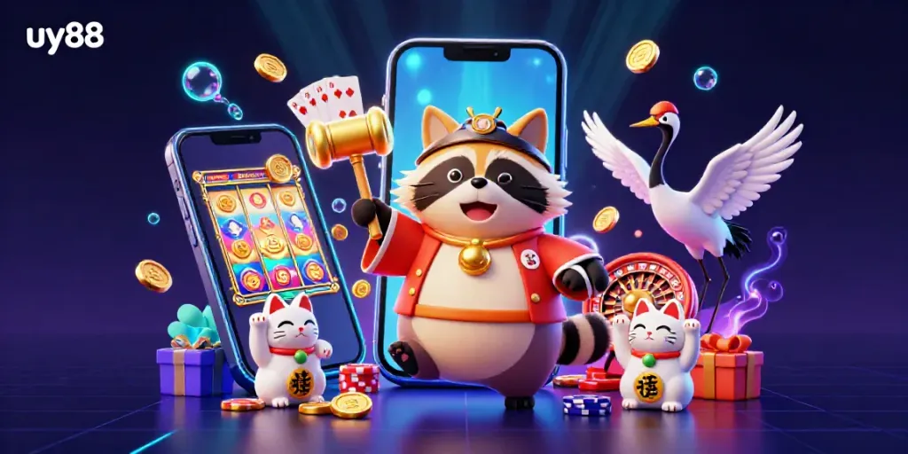 Experience joyful gaming with uy88, illustrated by a festive tanuki and vibrant casino elements.