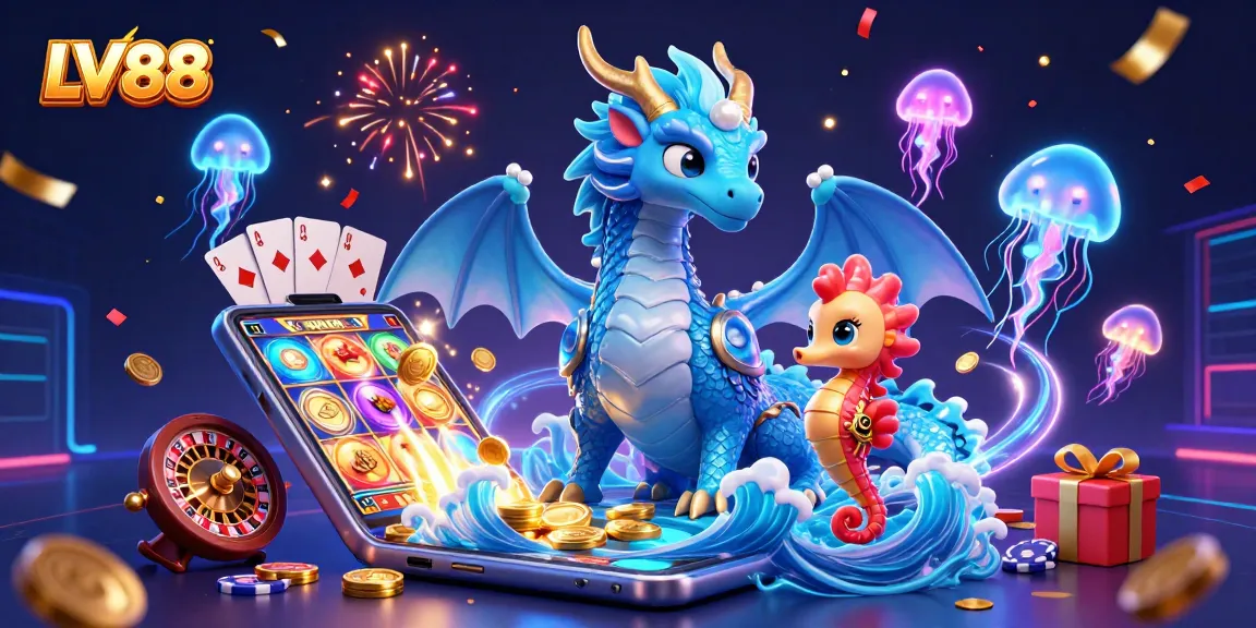 Bet on LV88's interactive gaming experience with golden coins and vibrant slot games.