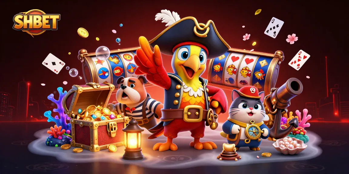 SHBET showcases a dynamic gambling scene with a pirate captain and treasure elements, emphasizing interactive slots.