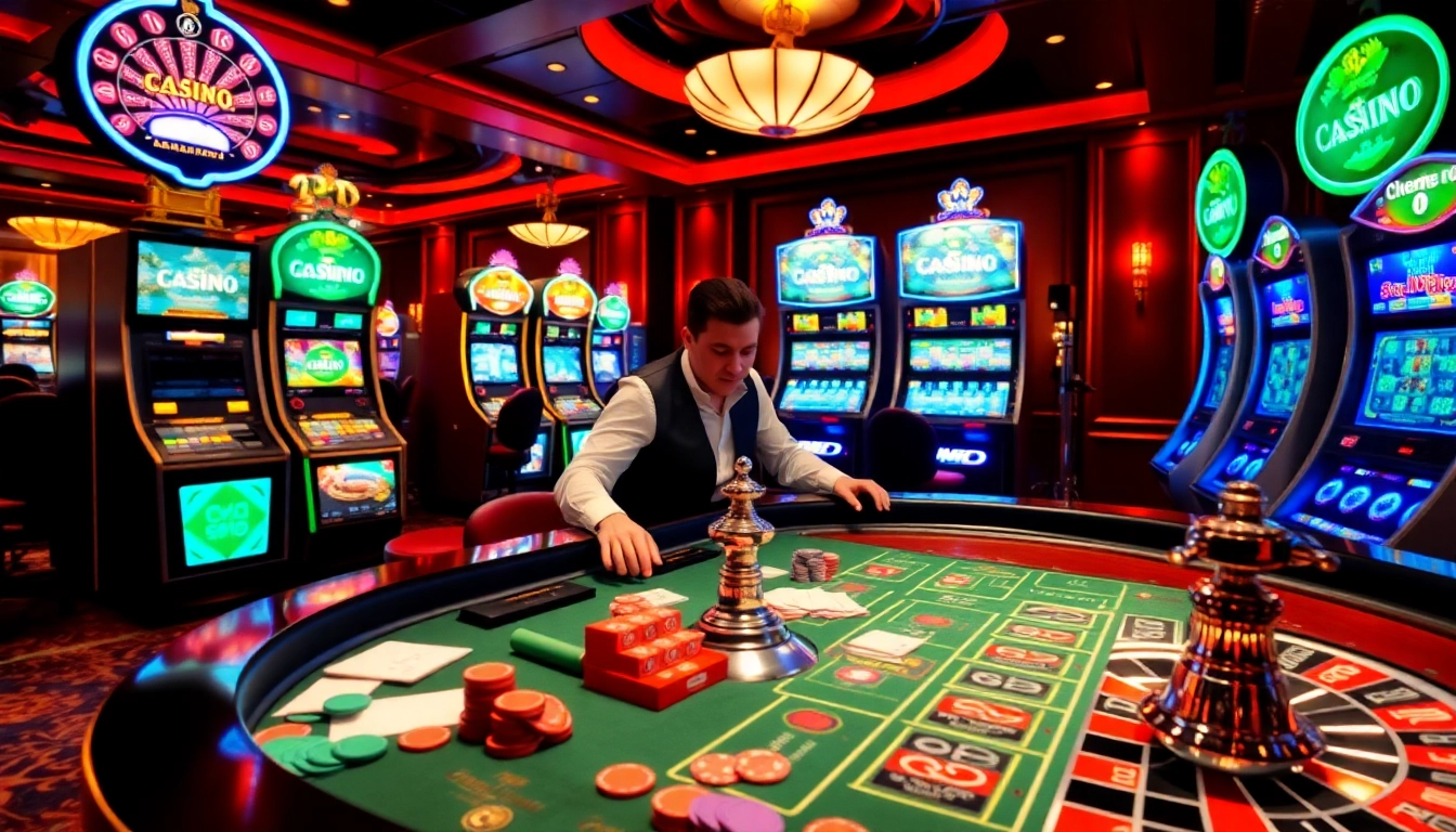 A vibrant casino scene featuring a player engaged in a game at the table with poker chips and cards, promoting kp88 com.