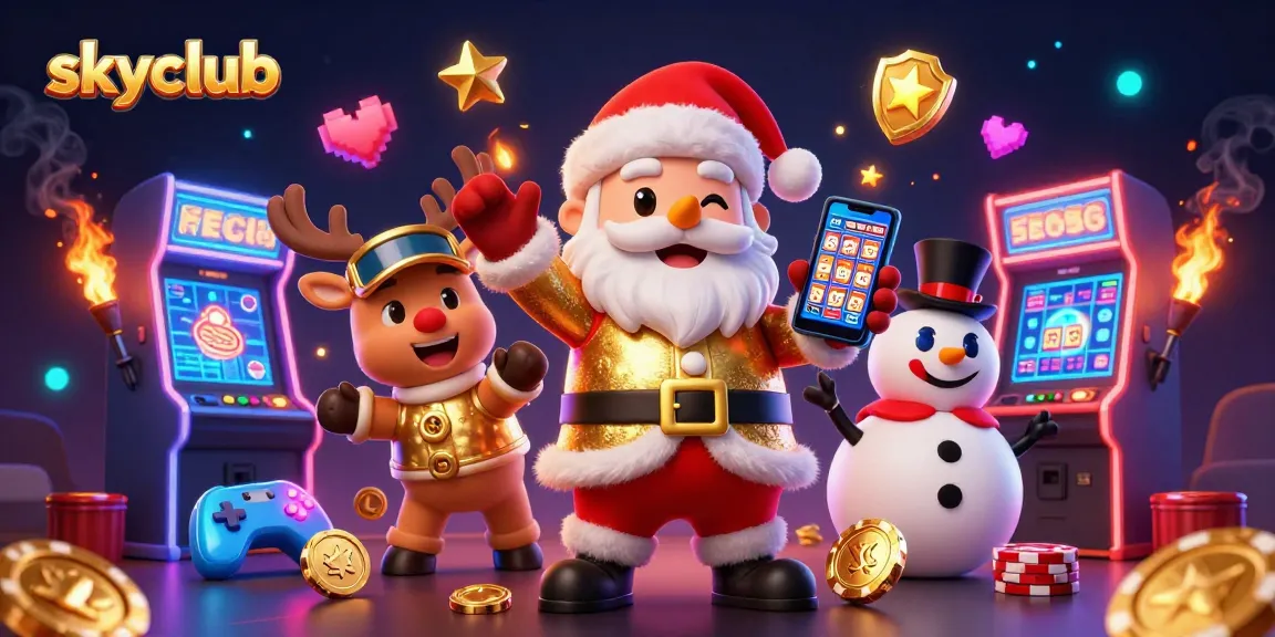 Engage with a thrilling skyclub gaming experience, featuring a festive casino scene with Santa, reindeer, and a snowman.