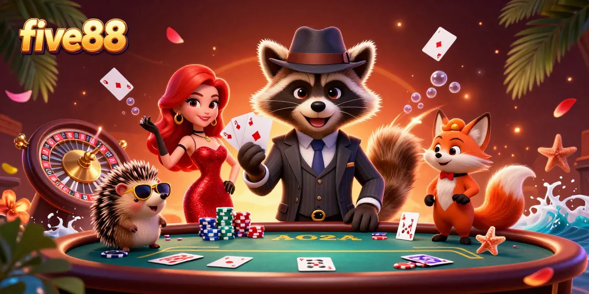 Experience winning at five88 with a raccoon holding a royal flush and vibrant casino elements