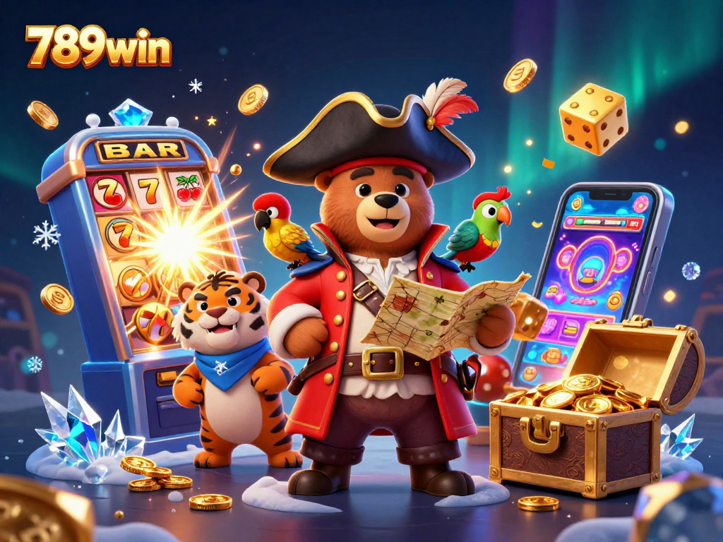 Experience thrilling gaming action at 789win with vibrant scenes of slot machines and jackpot excitement.