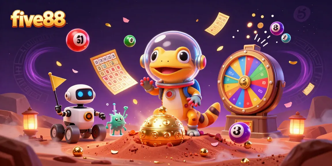 Experience the thrill of winning at five88 with vibrant games and cosmic elements in this 3D illustration.