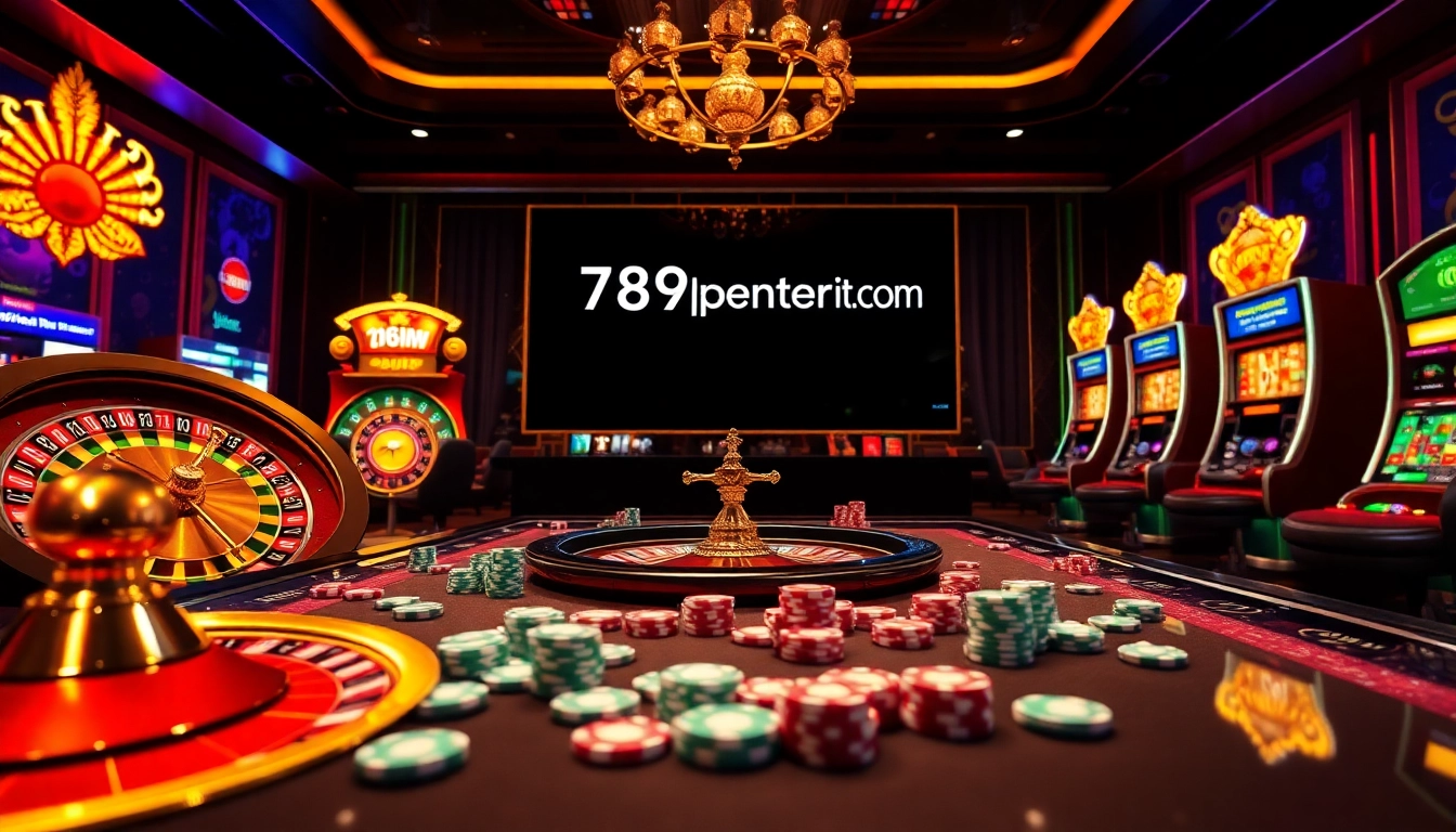 An engaging online gambling scene with vibrant slot machines and a roulette wheel displaying 789pcenter.it.com for a thrilling casino experience.
