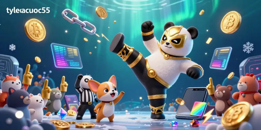 Experience the excitement of tylecacuoc55 with a dynamic panda wrestler in action amidst glowing cryptocurrency elements.