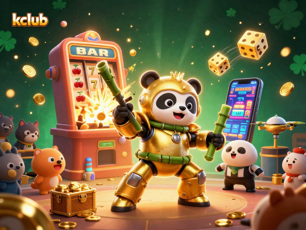 Experience thrilling gaming action at kclub with vibrant 3D visuals, slot machine excitement, and animated characters.
