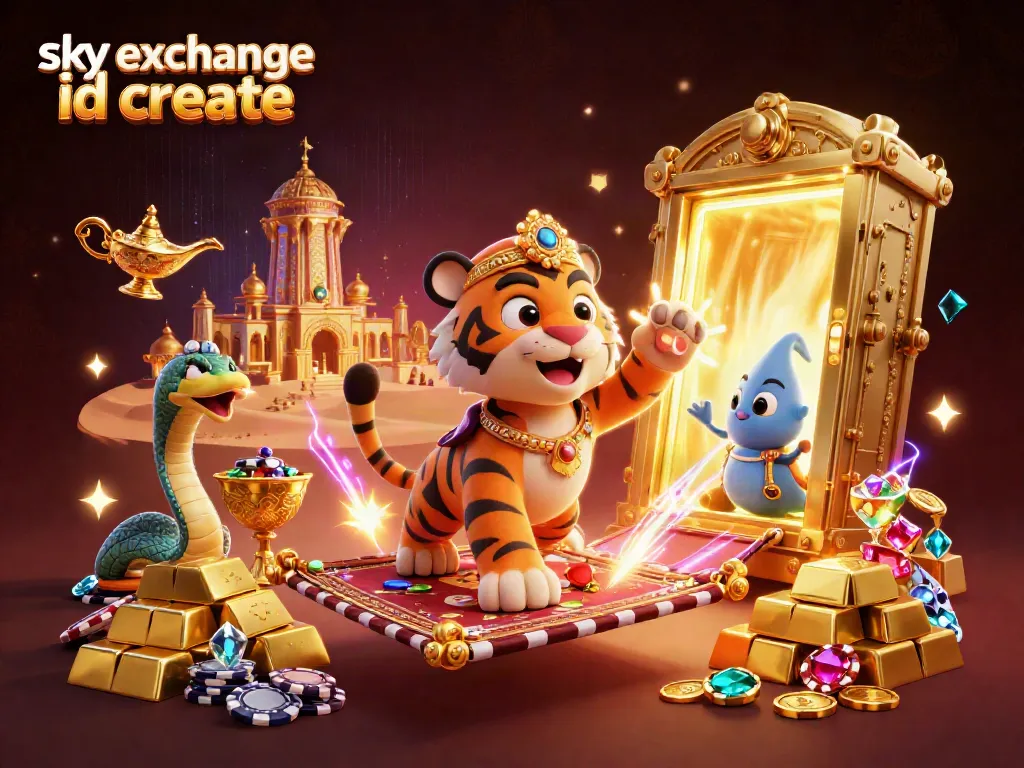 Sky Exchange ID create vibrant casino scene with Arabian sultan, treasures, and magical elements.