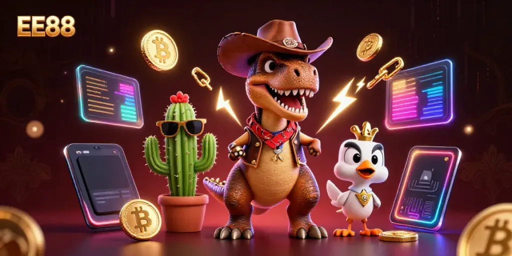 Engage with the EE88 casino adventure featuring a T-Rex dinosaur and crypto elements.