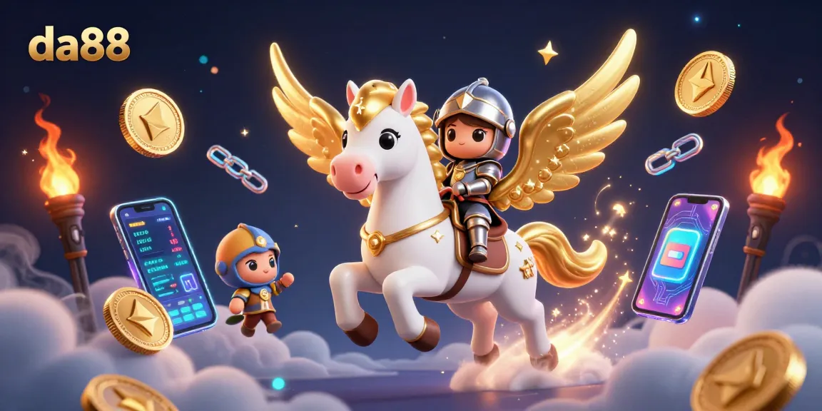 Engage with da88 crypto gaming in this vibrant 3D scene featuring coins and characters.