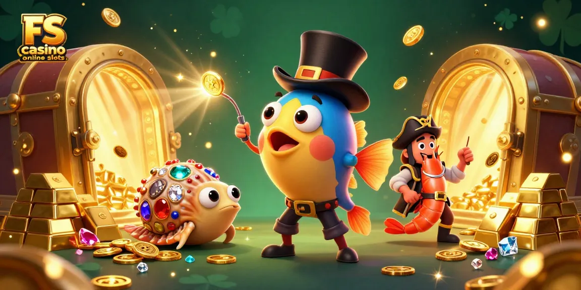 Engage with FS casino online slots as a 3D anglerfish attracts golden coins amidst a treasure-filled sea.