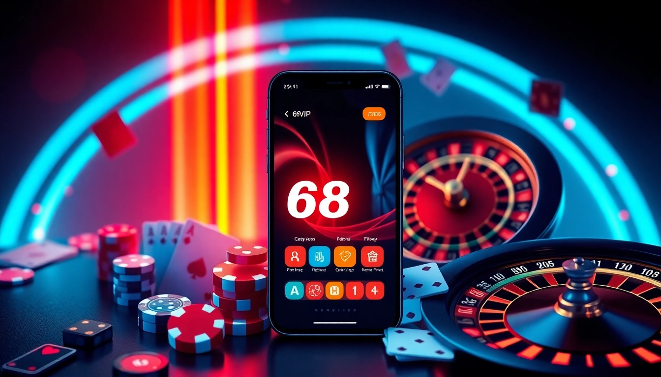 Tải App Nhà Cái 68VIP on a luxury mobile interface with poker chips and cards