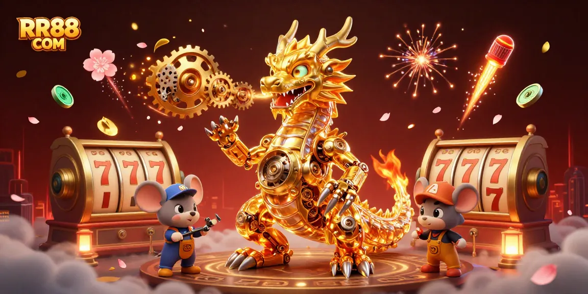 Experience the excitement of RR88 COM with a golden dragon and slot reels in a vibrant casino setting.