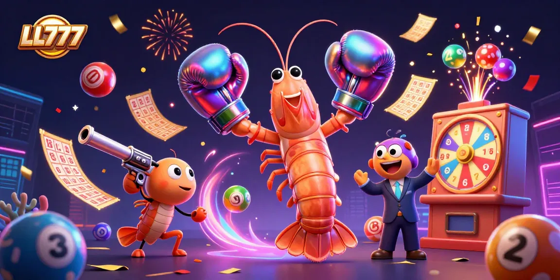 Experience thrilling gaming action with LL777 featuring vibrant lottery elements and an energetic shrimp trio.