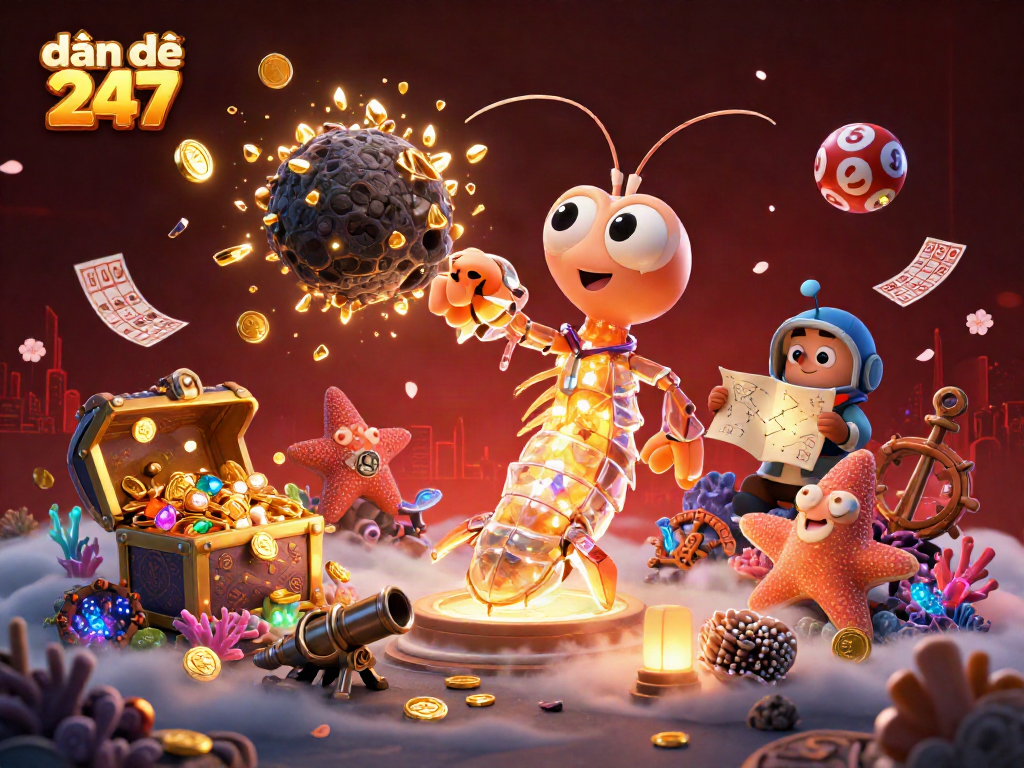 Explore exciting dàn đề 247 lottery strategies with a dynamic 3D illustration of underwater characters.