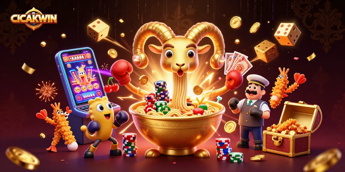 CICAKWIN delivers the thrill of jackpots as a giant ramen bowl character deals cards amidst dynamic slot machine action.