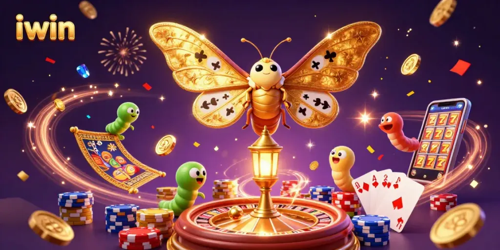 Win big with iwin in this vibrant casino scene featuring majestic moths and golden treasures.