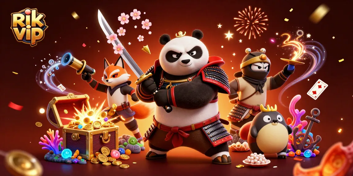 Experience epic wins at rik vip with vibrant gaming scenes featuring samurai panda and ninja fox.
