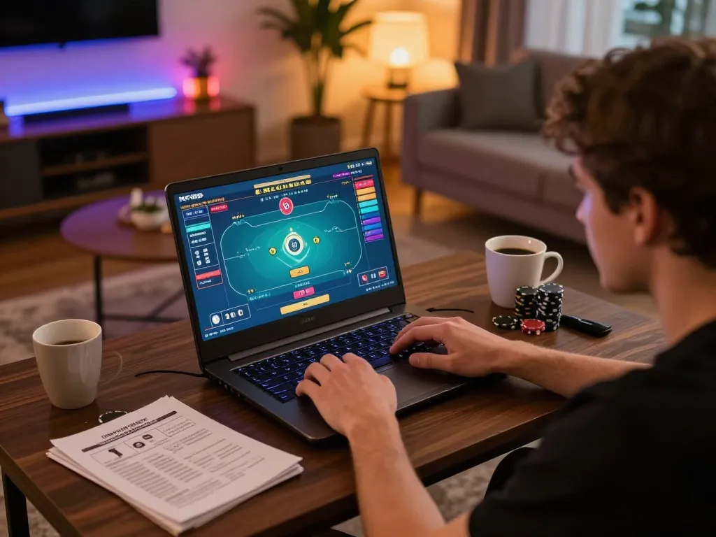 Engaged player at KP88 poker game on a laptop, showcasing focused online gaming