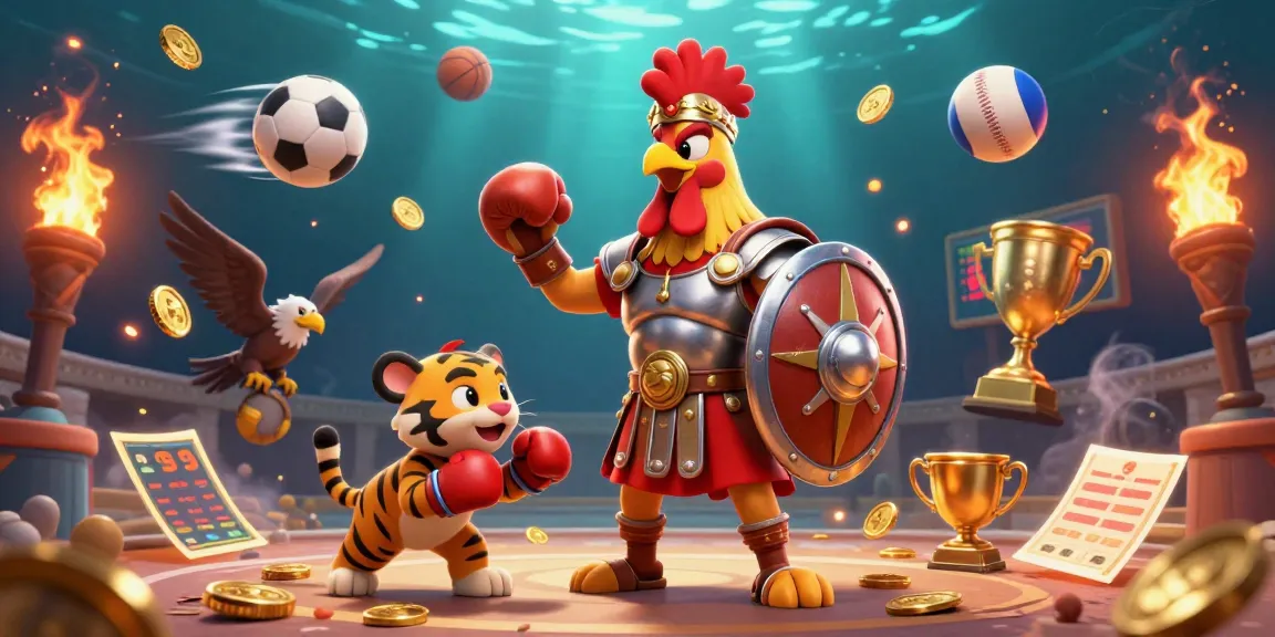 Experience the excitement of e2bet with a dynamic scene of a gladiator rooster in a betting arena.