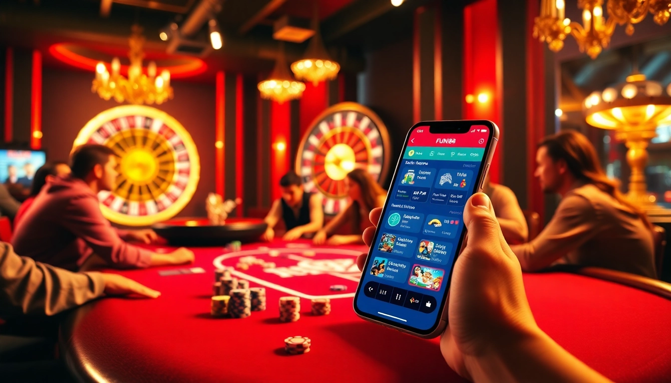Players enjoying gaming with the FUN88 app displayed on a mobile device at a lively casino.