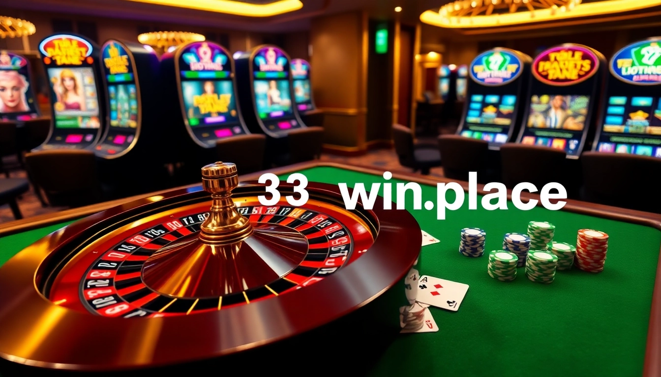 Experience the excitement of 33win.place with a stylish casino scene featuring roulette and poker chips.