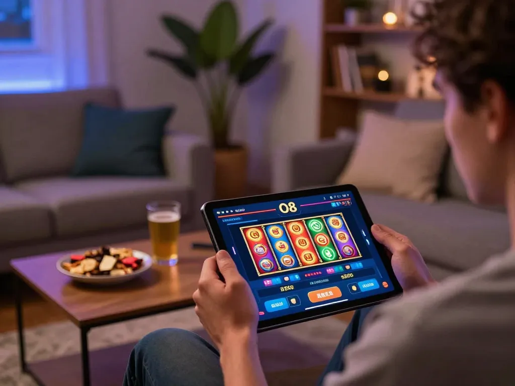 Player enjoying O8 casino app on tablet in cozy home setup, capturing vibrant gaming atmosphere.