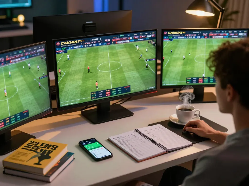Engaged bettor using CAKHIATV for live soccer streaming on a dual-screen setup, showcasing a responsible gaming atmosphere.