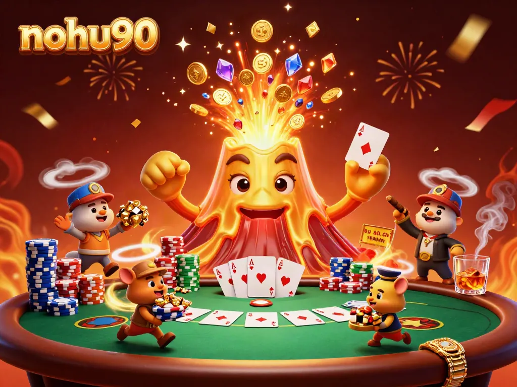 Experience thrilling action with nohu90 as golden coins erupt from a mighty volcano in this captivating casino scene.