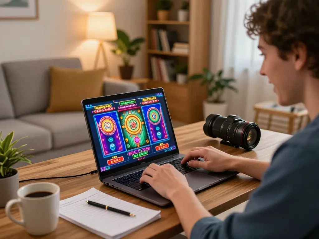 B52 online gaming session with laptop displaying colorful slot games, enhancing the gambling experience at home.