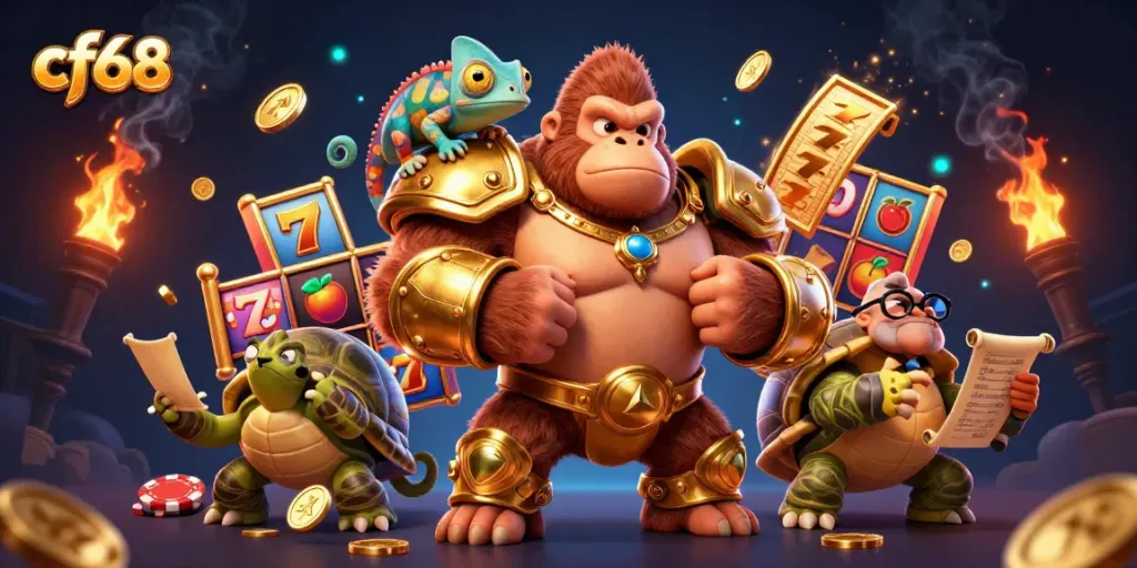 Experience exciting gaming with cf68's vibrant gorilla and tortoise characters amidst thrilling slot elements.
