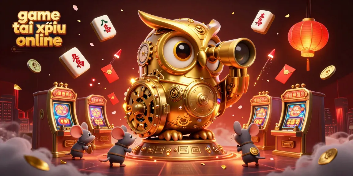 Engage in the excitement of game tài xỉu online as a golden owl oversees the casino, surrounded by festive elements.
