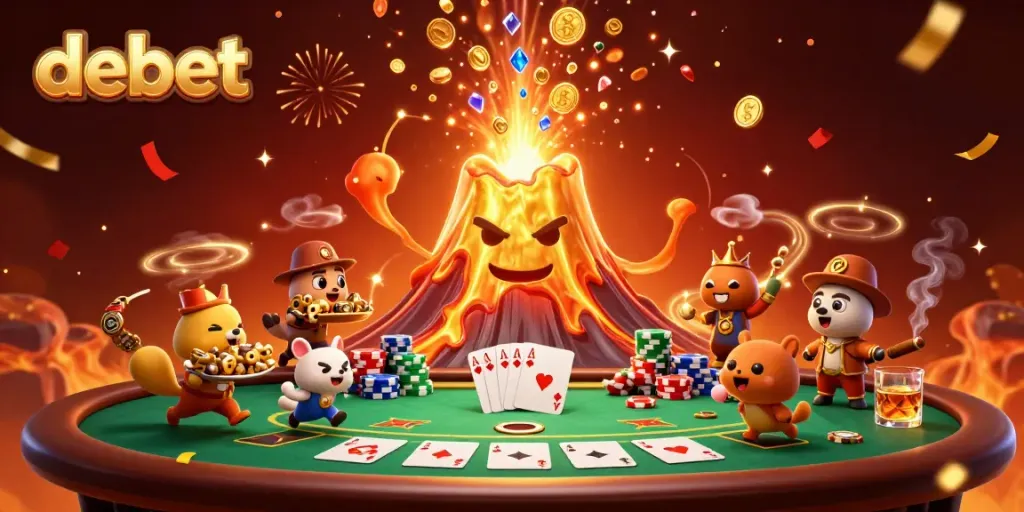 Experience debet's dynamic casino world with golden volcano and poker excitement