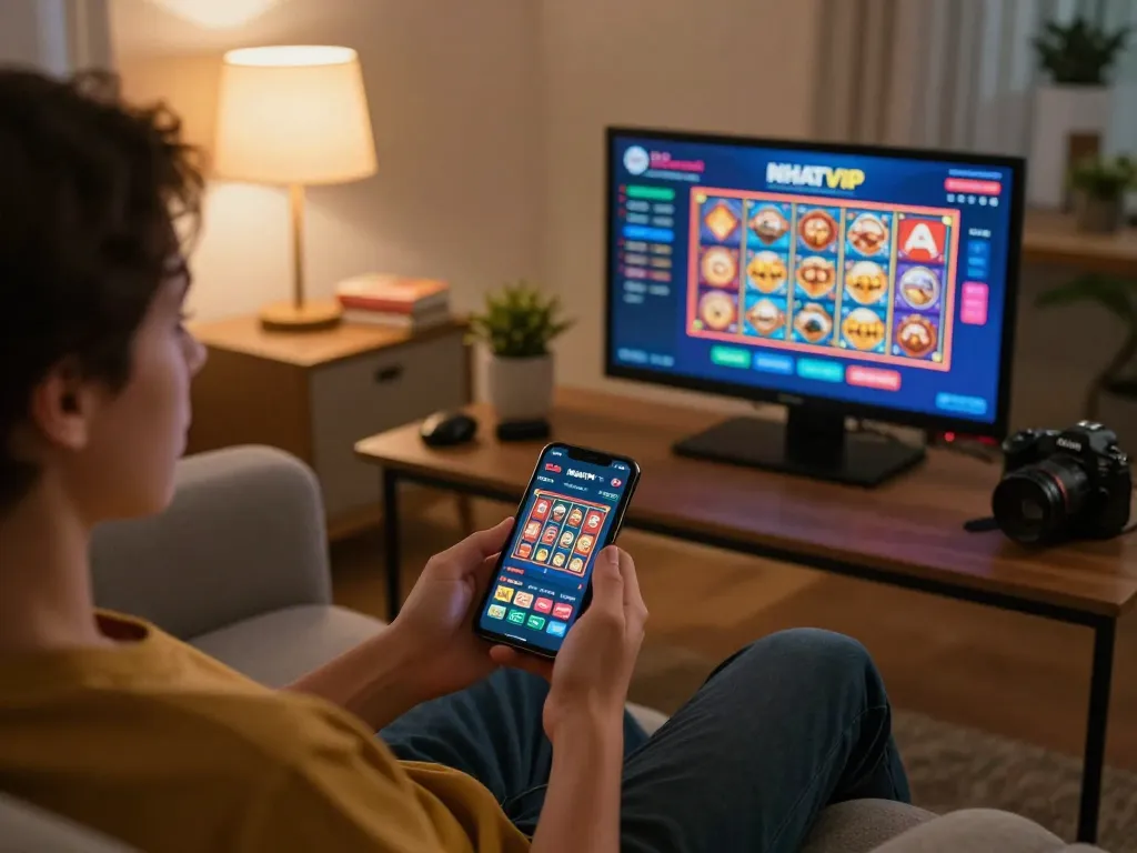 Navigating NHATVIP casino app on smartphone in a cozy home environment