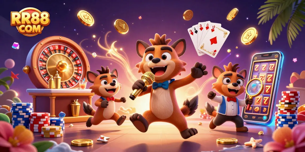 Experience the excitement of RR88 COM at a comedy casino featuring lively hyena characters and dynamic gambling elements.