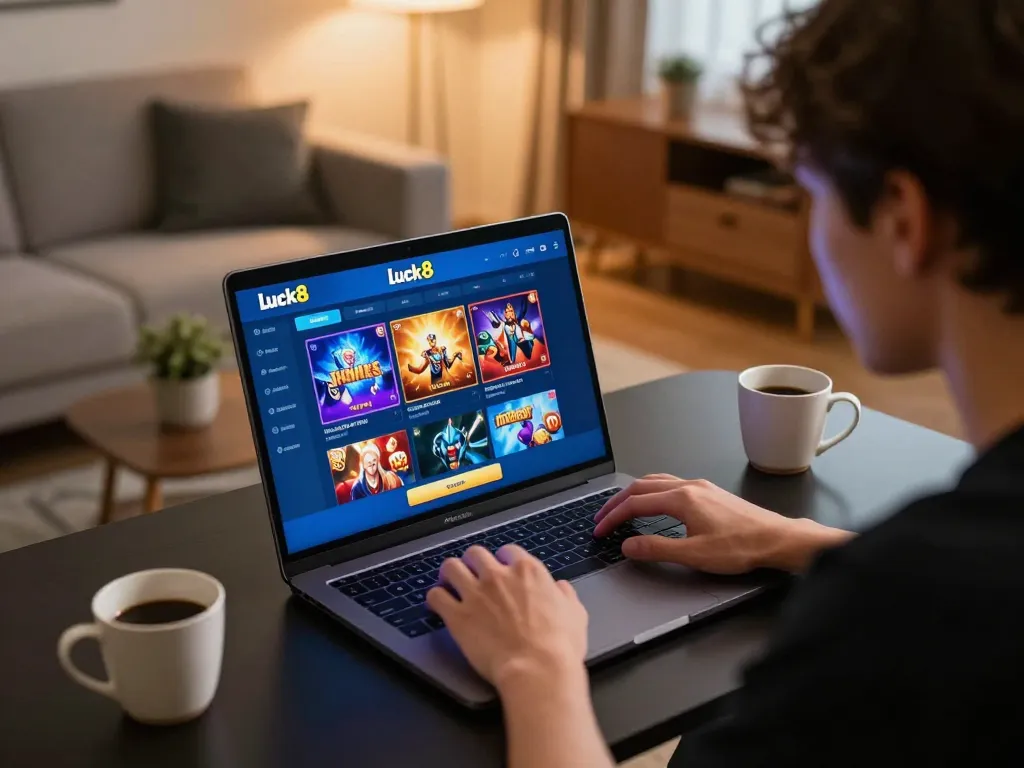 Engaging with the luck8 trang chủ online casino platform, player showcases strategy in cozy home gaming environment