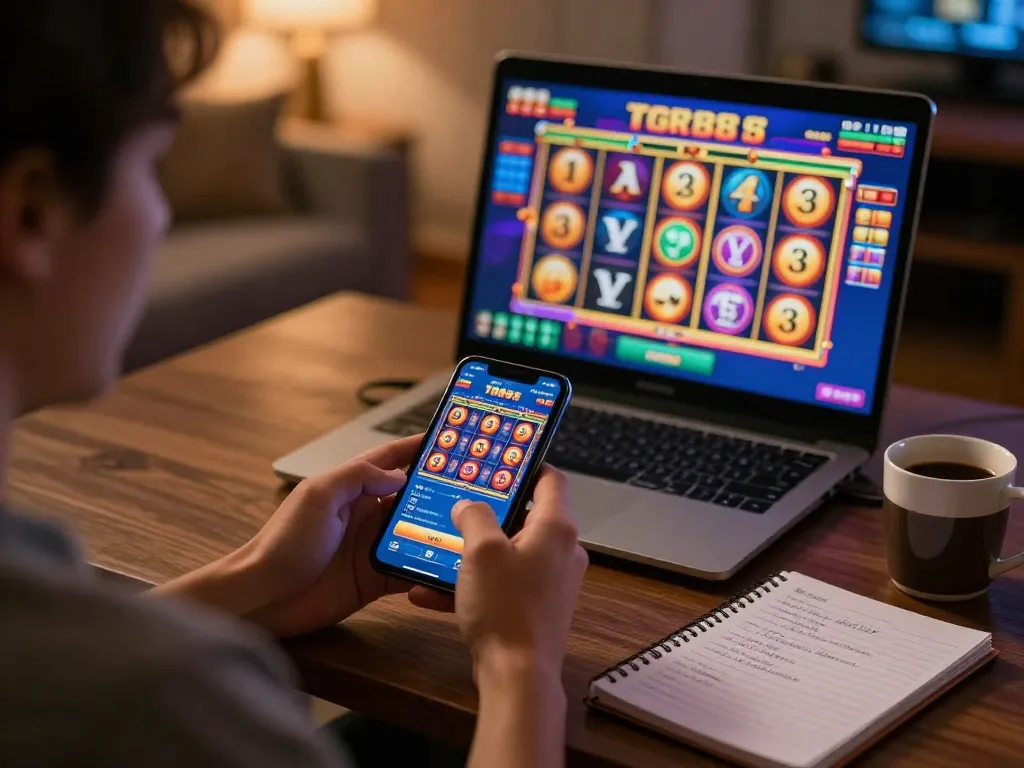 Player enjoying slots on TG88 mobile casino app in cozy home setting while tracking strategy notes.