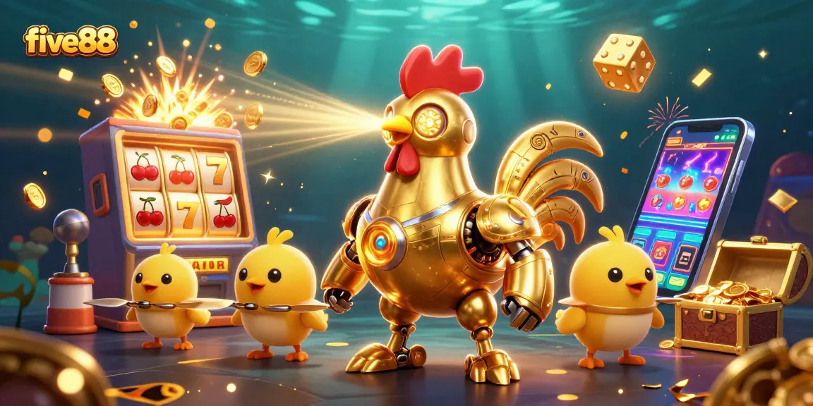 Experience thrilling action with five88's vibrant casino scene featuring a golden rooster robot and slot machine.