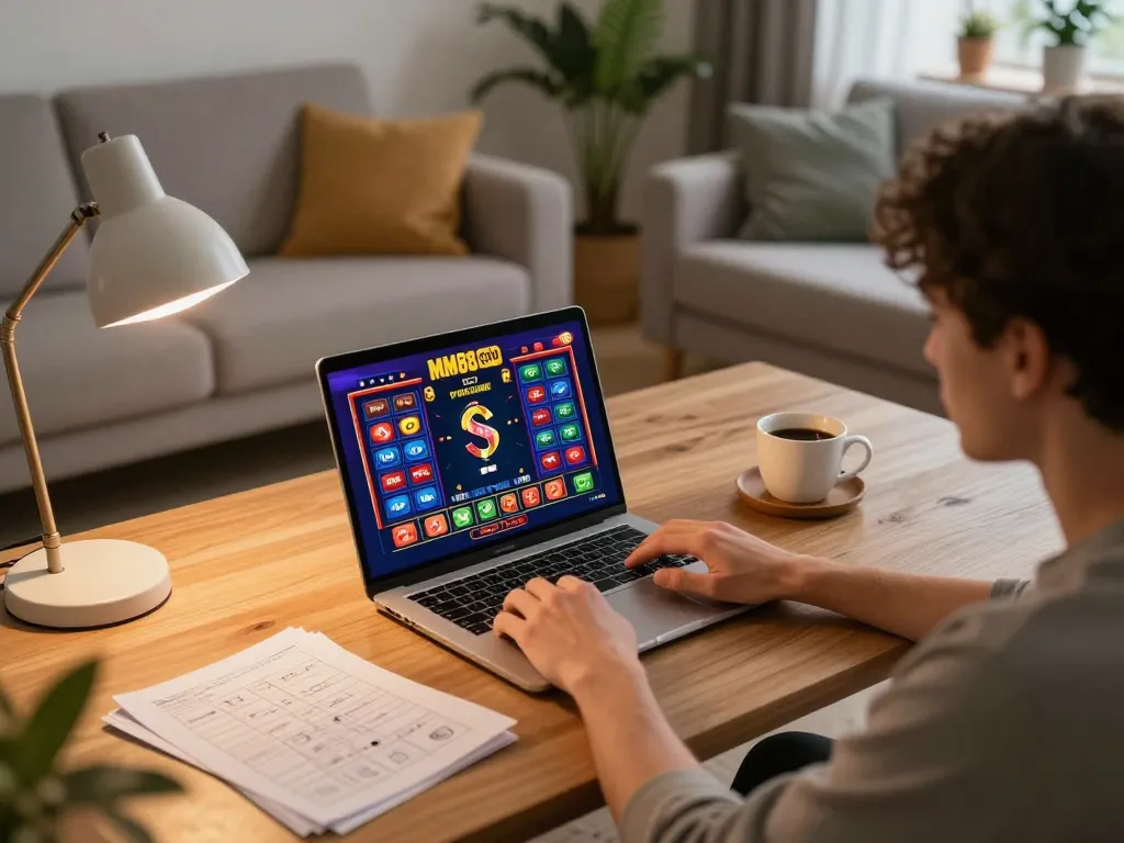 Player engaged with MM88 COM's online casino on their laptop, highlighting a cozy home gaming setup.