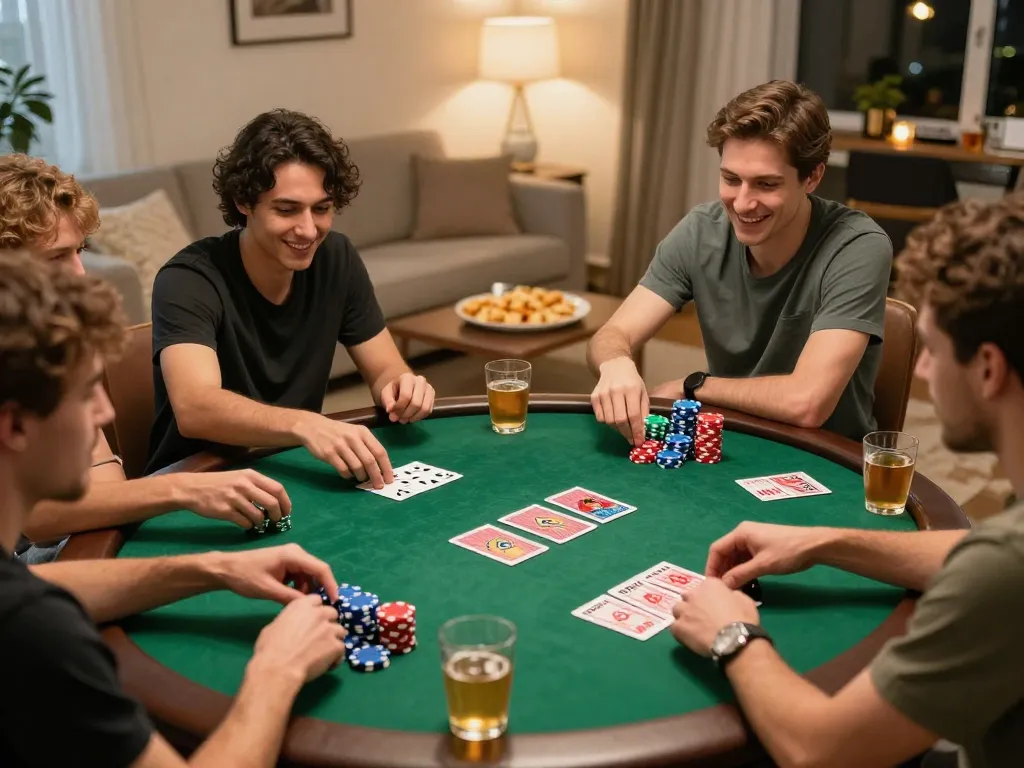 Friends enjoying an exciting poker night at home with MMLive app integration for interactive gaming.