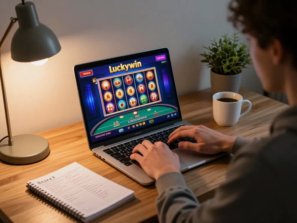 Engaged player using luckywin casino platform on laptop, showcasing strategic gameplay in cozy home setup.