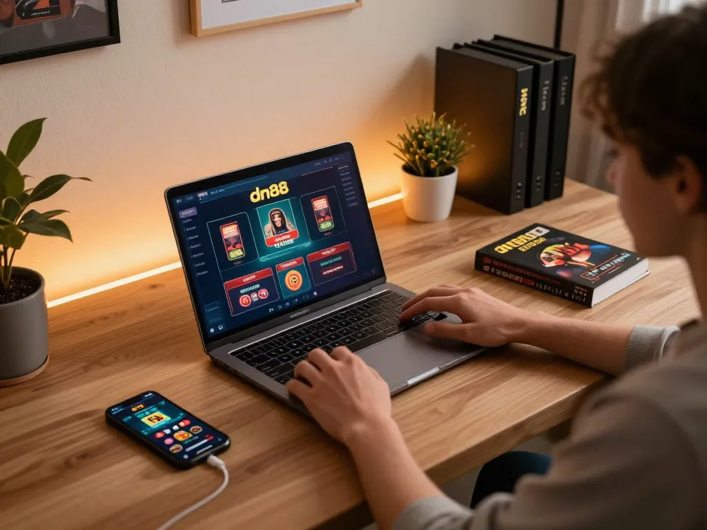 Player engaged in dn88 online casino gaming with laptop and strategy notes in cozy setup.