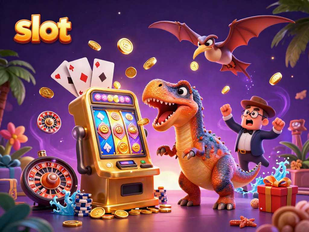 Catch golden coins from slot games with pachycephalosaurus and casino-themed characters in an exciting 3D illustration.