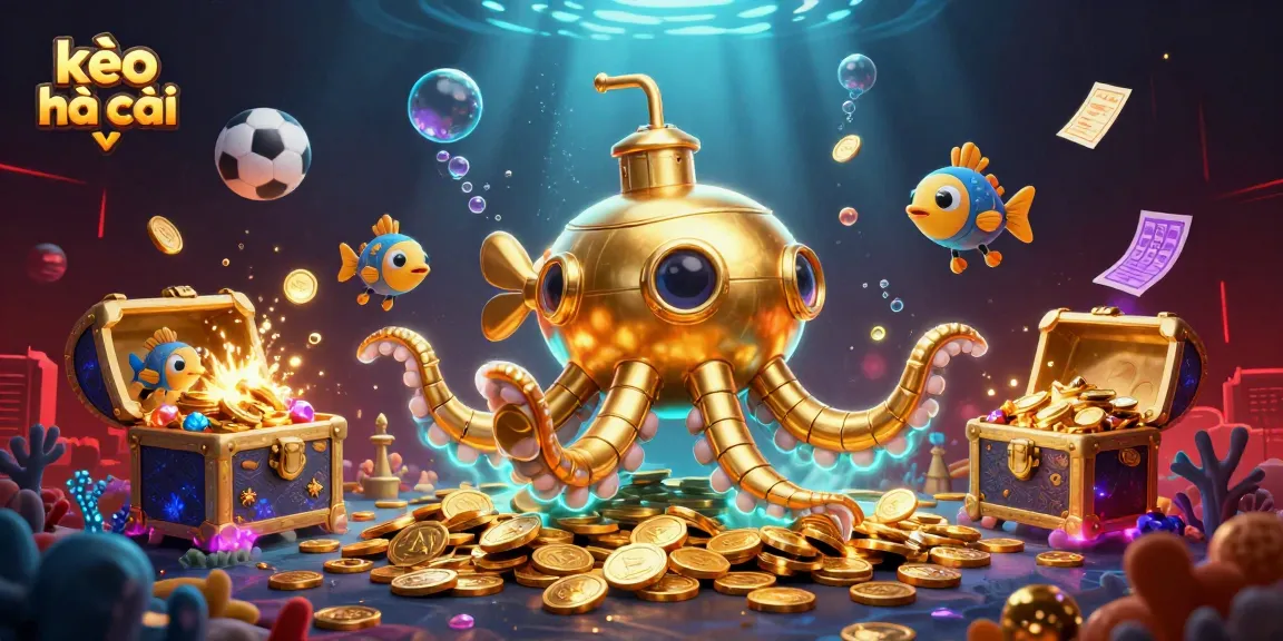 Experience engaging kèo nhà cái action with a dynamic 3D scene featuring a golden kraken and sports elements.