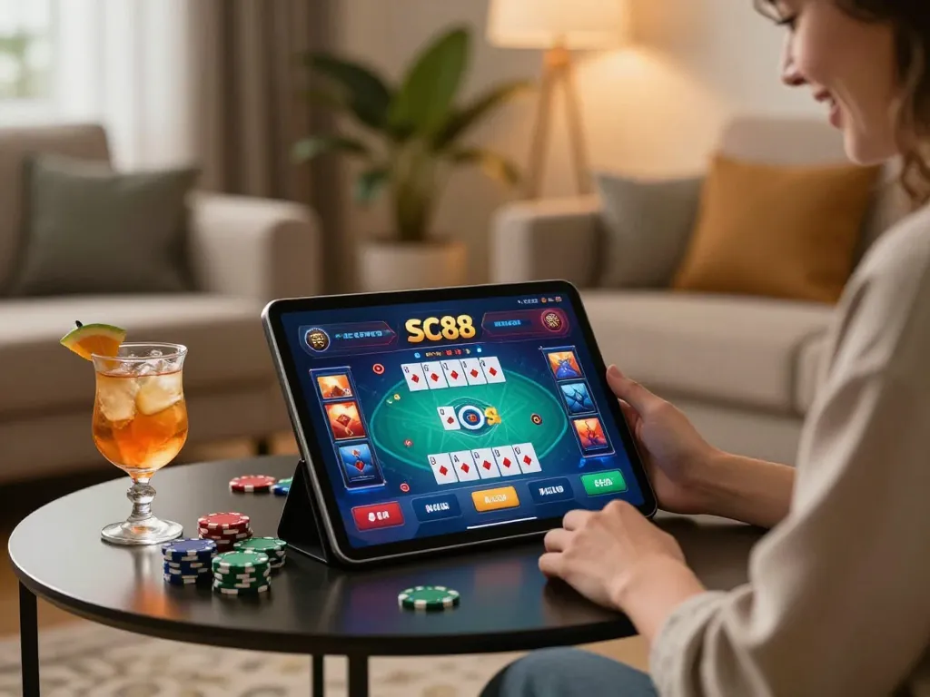 Engaging in SC88 Game on a tablet amidst poker chips and drinks in a cozy home setting.