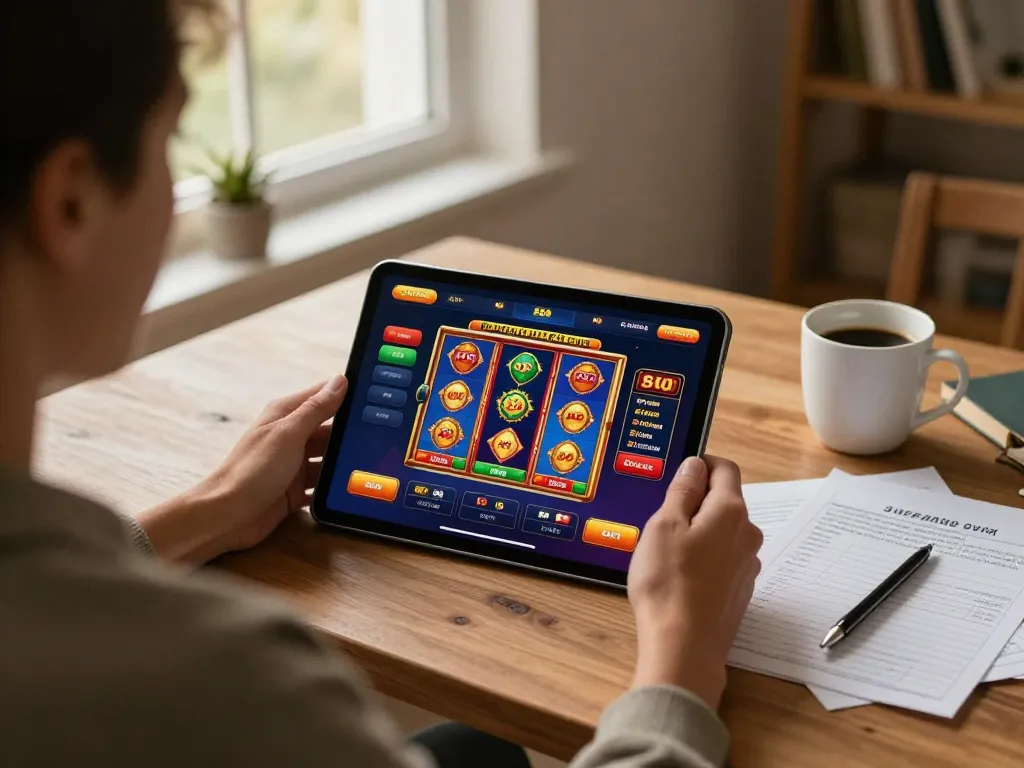 Engaging with SC88 nhà cái online casino on a tablet in a cozy home setting.
