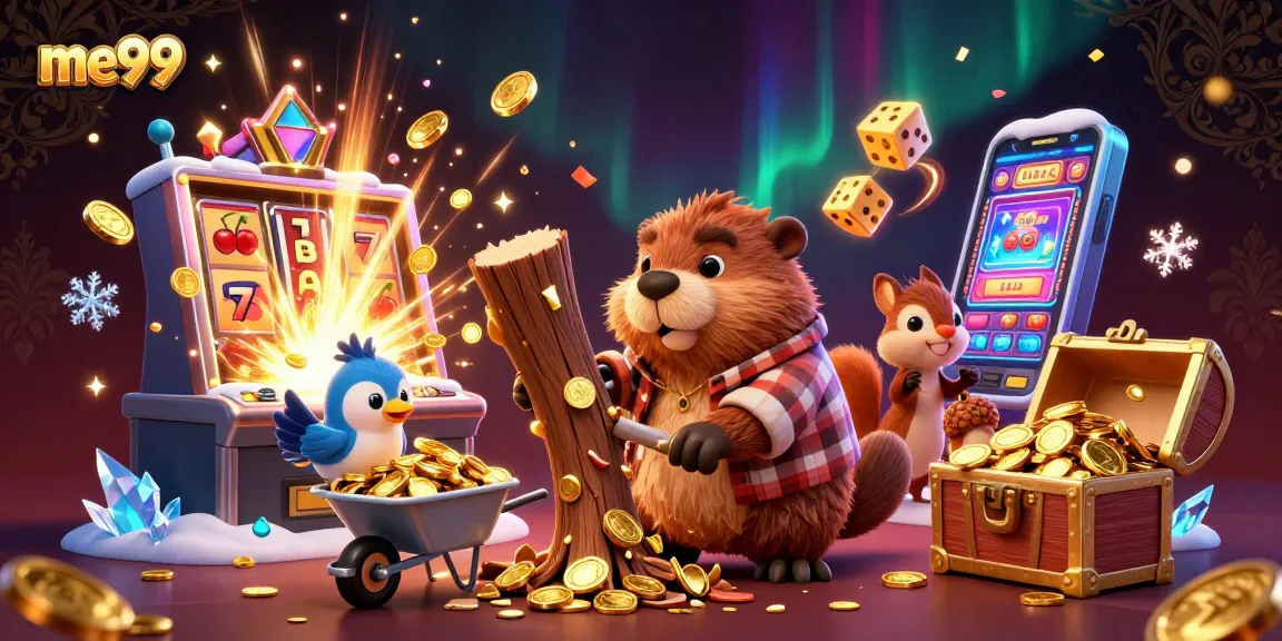 Experience the thrill of ME99 with a vibrant casino scene featuring playful characters and exciting game elements.