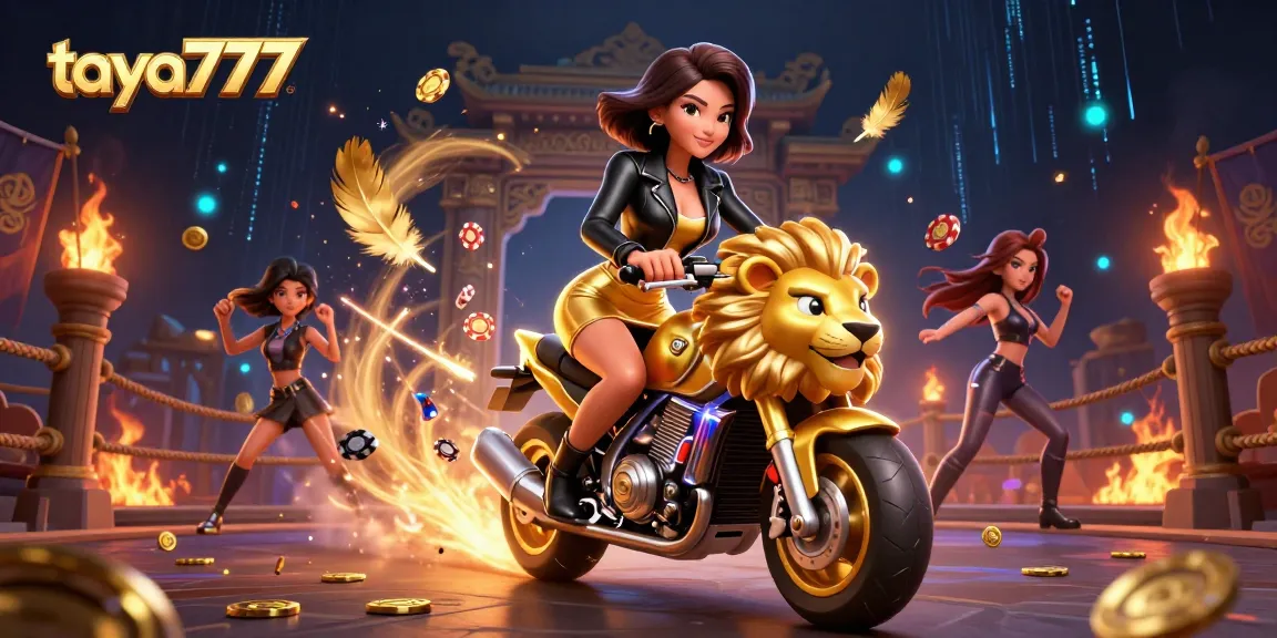 Taya777 offers vibrant gameplay featuring an Asian woman riding a golden lion mascot among casino elements.