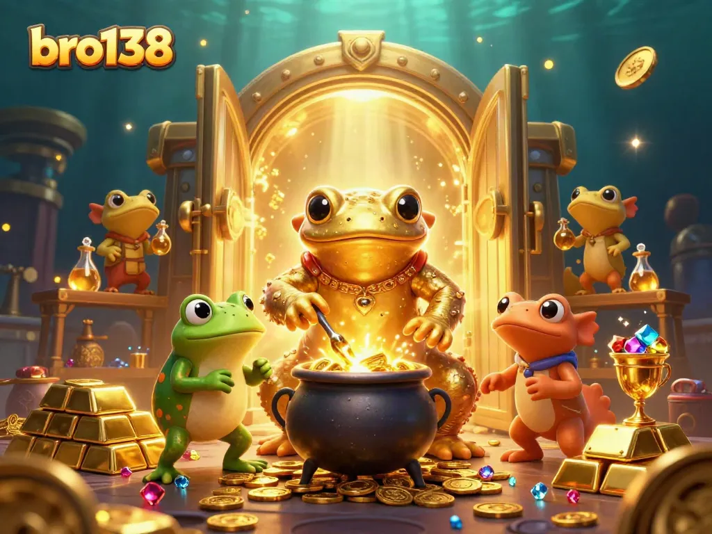 Experience amazing winnings at bro138 with a vibrant 3D casino scene featuring a golden salamander alchemist.