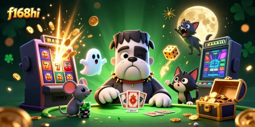 Experience thrilling gaming with f168hi featuring a 3D monster dealer and vibrant casino elements in an explosive scene.
